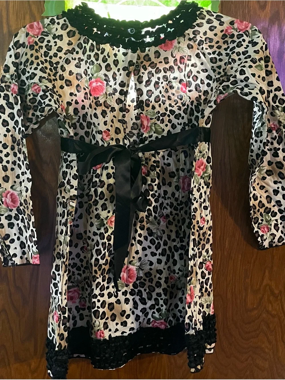 Ann Loren Leopard Print Dress with Pink Rose Accents and Black Trim